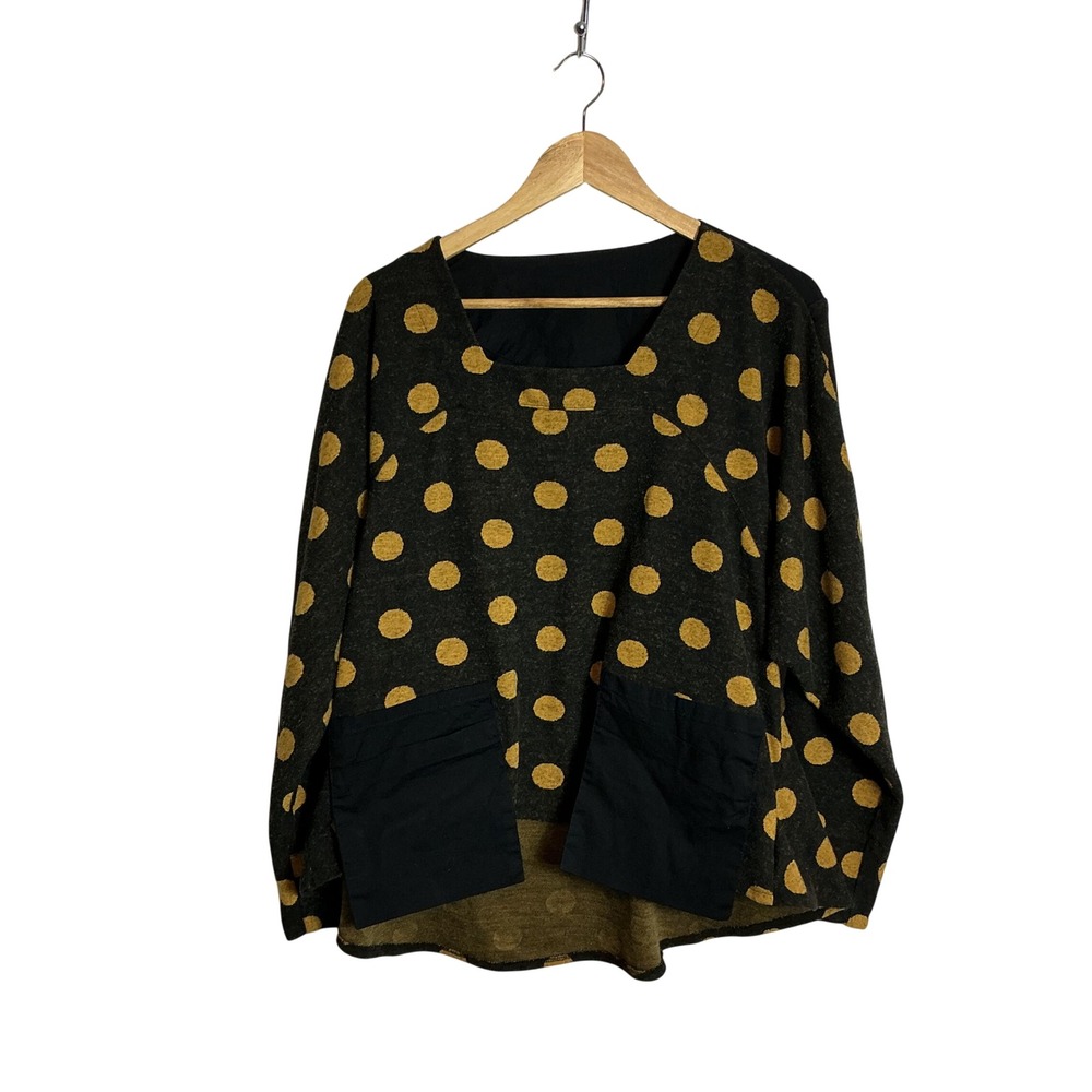 Gershon Bram XL Charcoal Gray Yellow Polka Dot Oversized Pockets Knit Tunic Top